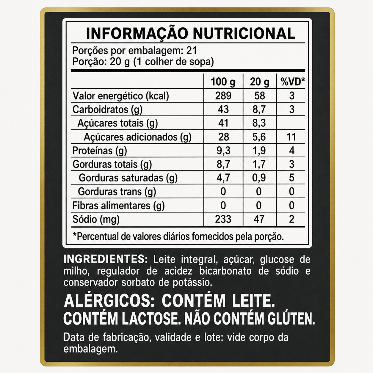 Tabela nutricional do Doce de Leite Premium Tradicional A2 Artesanal Quinta da Estiva